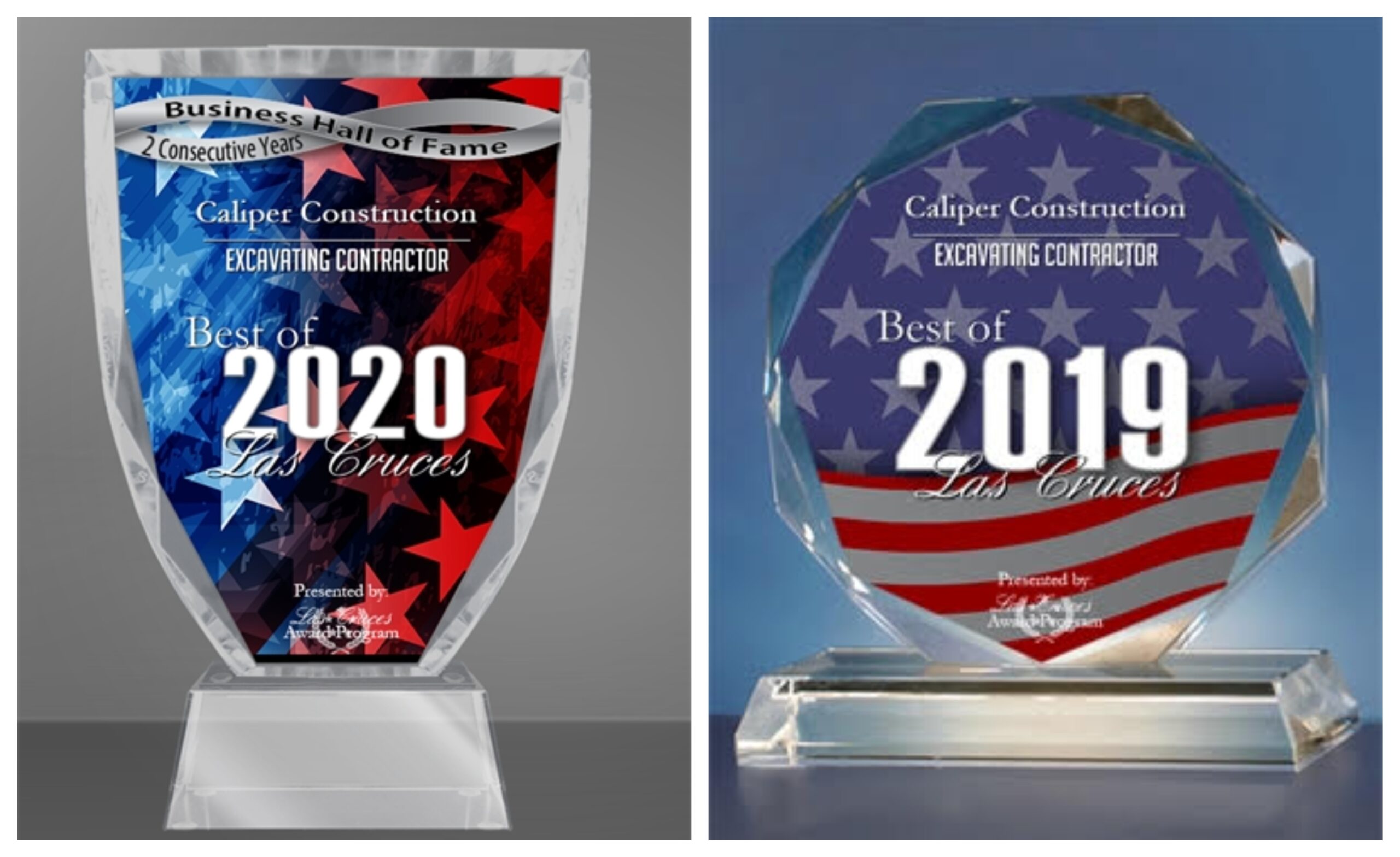 Caliper Construction, Excavating Contractor, best of 2019 and 2020 award trophies