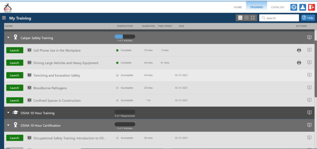 screen capture from Caliper Construction's training portal